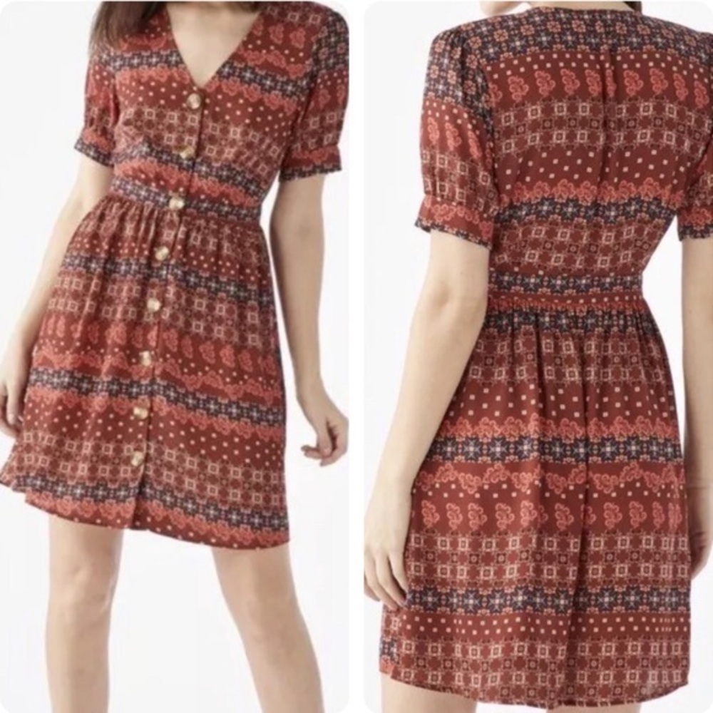 JustFab Fab for Fall Multicolored Button Down Puff Sleeve Dress Size Medium